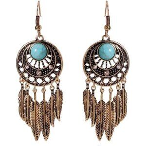 Boho Turquoise Feather Tassel Crescent Moon Dangle Earrings - Hypoallergenic